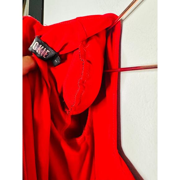 NOOKIE Red Jersey Squareneck Sheath Harley Structured Shoulders Mini Dress S - Picture 13 of 16